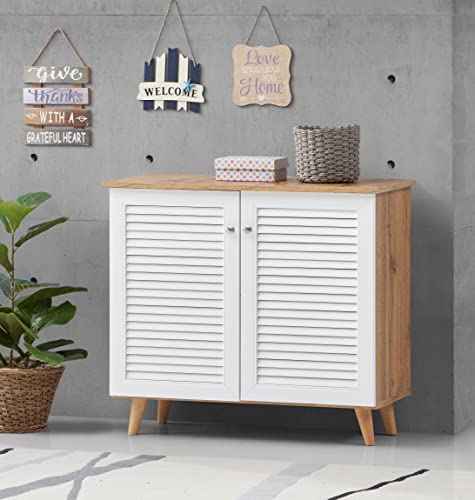 Image of DeckUp Plank Noordin 2-Door Engineered Wood Shoe Rack (Wotan Oak and White, Matte Finish)