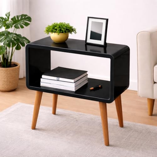 Image of SS Wood Nation Vintage Bookcase Nightstand, Coffee Table, End Table, Bedside Table for Compact Areas, Magazine Stand with Storage, and Living Room /Bedroom (Modern, Black)
