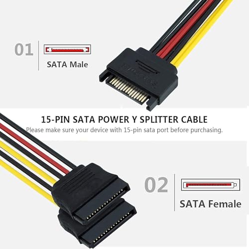 Image of MSAG Sata Power Extension Cable 15 Pin Male To 2 X 15 Pin Female Power Extension Y Splitter Cable Adapter., Black