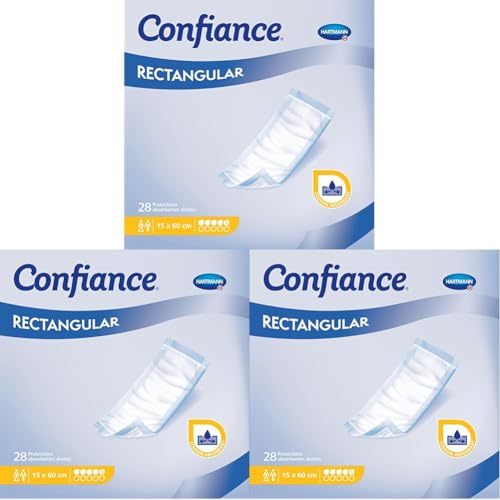Confiance Rectangular - Couches Droites pour Hommes et Femmes - Niveau d'Absorption : 5 gouttes (Fuites Urinaires Faibles) - Traversables - 15x60 cm - 28 Unités (Lot de 3)