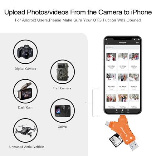 Image of SUNTRSI SD Card Reader for iPhone /ipad /Android /Mac /Computer /Camera,4 in1 Micro SD Card Reader Trail Camera Viewer, Portable Memory Card Reader SD Card Adapter for SD and TF Cards (Orange)