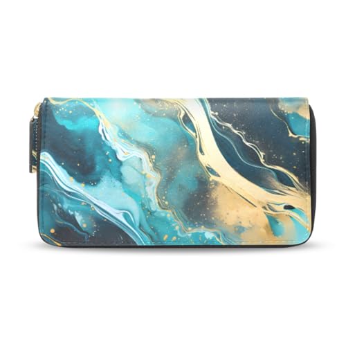 Long Wallets Leather Bifold Wallet for Women Blue Marble Gold with Zipper Credit Card Holder Large Capacity