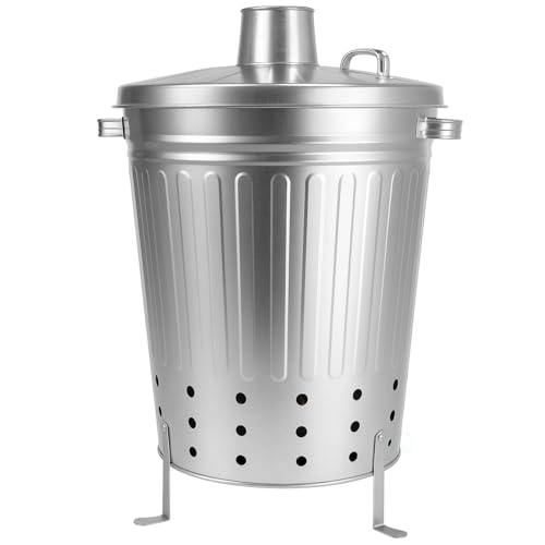 Gardenised Silver Galvanized Steel Outdoor Incinerator Can Large Garden Waste Burner Bin with Lid...