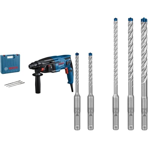 Bosch Professional Bohrhammer GBH 2-21 (Zusatzhandgriff, Maschinentuch, Tiefenanschlag, Handwerkoffer) + 5x Expert SDS plus-7X Hammerbohrer Set (für Stahlbeton, Ø 5-10 mm)