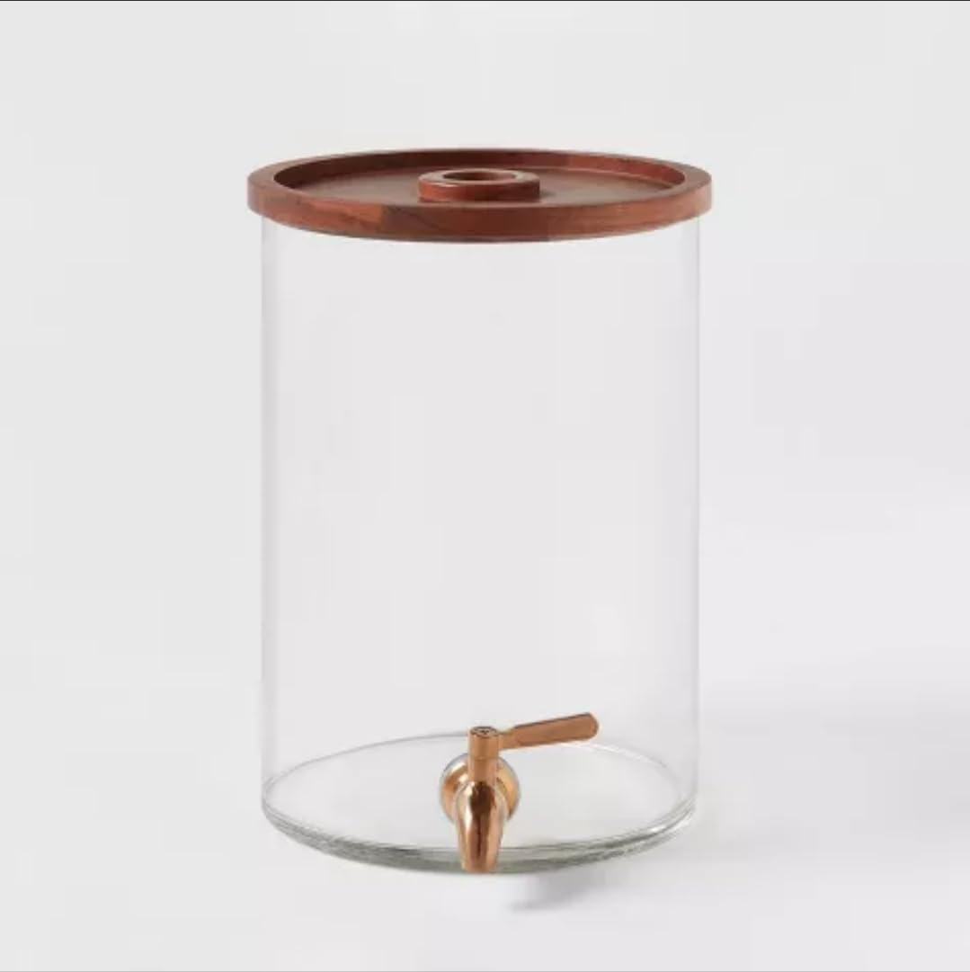 Glass Modern Beverage Dispenser, 2 Gallon Capacity, Stainless Steel and Wood, Cold Drink Holder