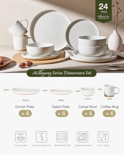 Image of Famiware Milkyway Stoneware Dinnerware Sets with Mugs, Service for 6 (24 Pieces), Plates and Bowls Sets -Scratch Resistant, Microwave and Dishwasher Safe Dishes Set, White