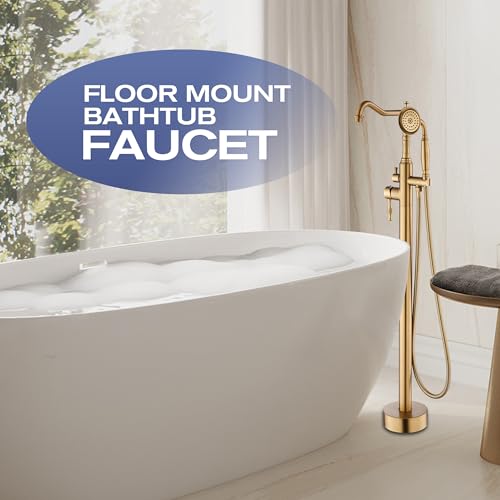 Grifo de bañera independiente, grifo de piso para bañera de baño, grifos de ducha para bañera independientes con rociador manual, acabado brushed gold miniatura 6