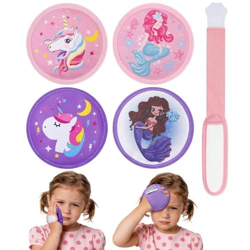 Magic Gel Kühlpacks für Kinder bei Verletzungen mit verstellbarem Gurt, 4er Mini Gel Kühlpack wiederverwendbar, Kälte & Wärmekompresse für Kopf Knie Ellbogen Fieber Beulen Prellungen - Meerjungfrau