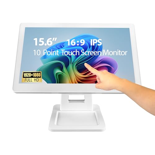 Image of ANGEL POS 15.6 Inch 1920 x 1080 FHD IPS Touchscreen POS Monitor with Metal Stand, 10 Points Touch HDMI VGA, Waterproof Dustproof Screen 1080P, Indusitrial, Office, Retail, Gym, Warehouse (White)