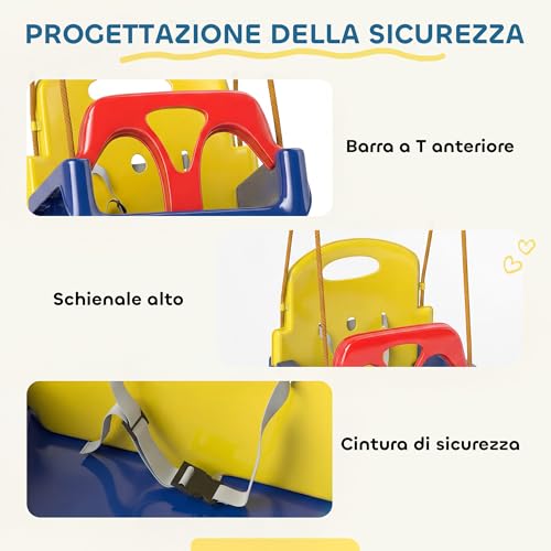 Outsunny Altalena Per Neonati 3 In 1 Da Interno Ed Esterno, Età 9-36 Mesi, Altalena Da Esterno Con Corda Regolabile E Cintura Di Sicurezza, 42X33X120-180 Cm, Multicolore - 5