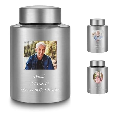 Photo Custom Cremation Urns for Human Ashes, Personalized Funeral Urn Stainless Steel Memorial Urns, 5.9 Inches Medium Decorative Keepsake Urns for Human Ashes - Silver Cover