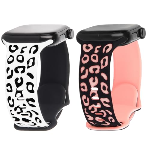 花柄刻印腕時計バンド 2本パック ソフトシリコン Apple Watchバンド 女性用 38mm/40mm/41mm/42mm バンド iWatch Series 11 10 9 8 7 6 5 4 3 2 1 SE に対応, ホワイト/ブラック+ブラック