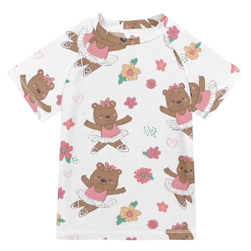 ALAZA Kids Rash Guard Girls Toddler Swim Shirts Short Sleeve Cute Bear Ballet UPF 50+ 3T