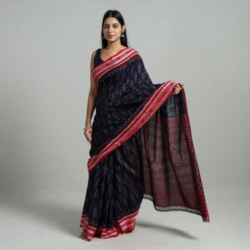 Image of ODISHAHANDLOOM Sambalpuri Pure Cotton Handloom Saree, Traditional Ikat Pattern, Red and Green, Without Blouse