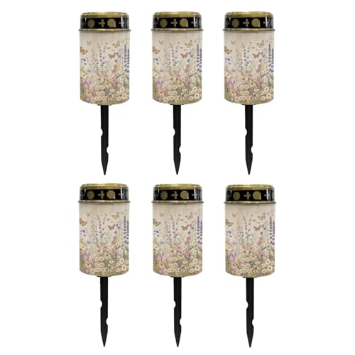 Image of Poceacles Solar Lights Outdoor Solar Powered Outdoor Cemetery Stake Lights Grave Solar Lamp Landscape Lighting Waterproof Grave Flameless Candles, Butterfly Daisy Lavender Floral, Pack of 6