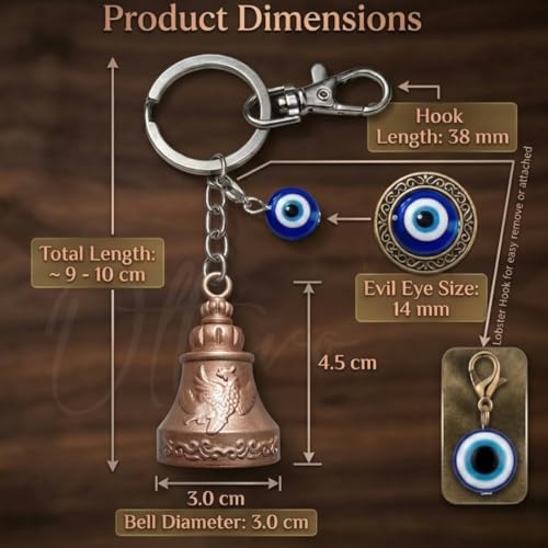Image of OTTAVO Premium Guardian Bell Keychain for Bike & Car | Tibetan Texture Bell Keychain with Evil Eye & Silver Hook | Good Luck Charm with Laser-Engraved Wooden Gift Box