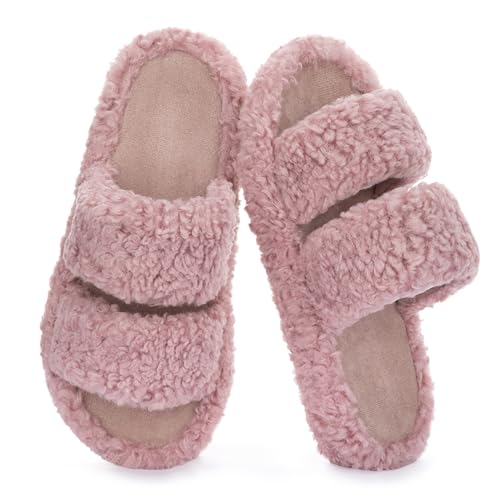 Image of RockDove Women's Pluffie Open Toe Slippers | Arch Support & Memory Foam, Cozy Faux Fur, Gift-Ready Design, Indoor & Outdoor Comfort