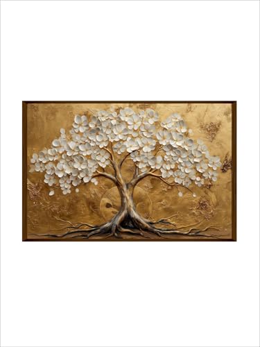 Image of Artsense Golden Tree of Life Wall Art Painting | Luxury Floral Tree Artwork with Birds | Nature Inspired Living Room Bedroom Office Hotel Wall Decor | Modern Abstract Botanical Wall Painting