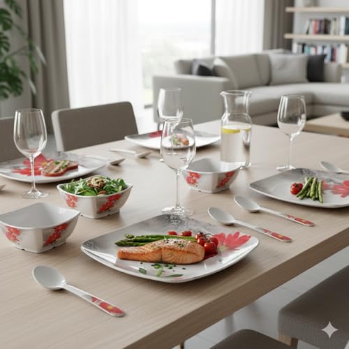 Image of Thermador Pack of 12 Melamin Dinner Set Red White | Dinner Sets | Melamine | Dinner Set for Wedding Gift | Quarter Plates Set of 12 | 12 Pieces | Red White | Dinnerware Set