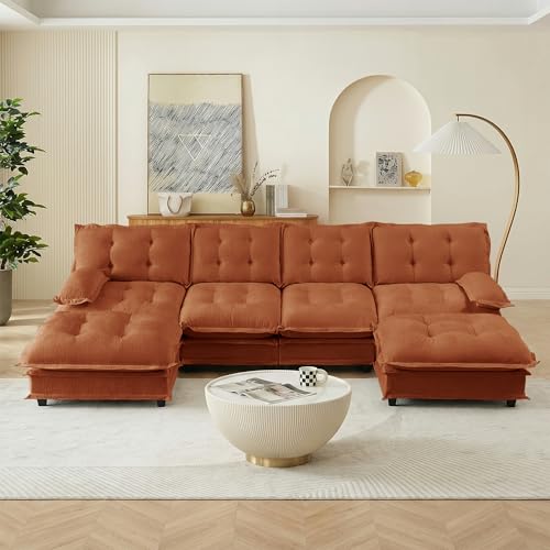 Image of 139 inch Sectional Sleeper Sofa with Ottoman, U Shaped Modular Deep Seat Couches for Living Room Apartment, Flexible Module Combination Cloud Sofa with Spring Support, Easy Assembly, Orange