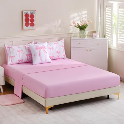 Image of DORCAS Bow Full Size Comforter Set for Girls,6 Pieces Bed in A Bag Pink Bow Bedding Sets with Sheets for Kids