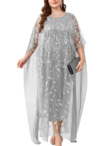 Image of Plus Size Sparkly Formal Evening Gown Sequin Cape Overlay Mother of Bride Dress Wedding Guest Cocktail Party