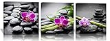 Purple Verbena Art Canvas Painting Wall Decor SPA Stone Green Bamboo Purple Flower Pictures Prints Paintings, 3 Panels Modern Zen Giclee Walls Artwor Kitchenk for Home Office Decor, Framed (40x40cm)