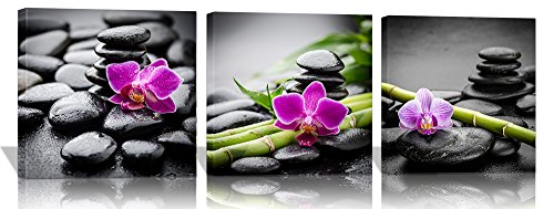 Purple Verbena Art Canvas Painting Wall Decor SPA Stone Green Bamboo Purple Flower Pictures Prints Paintings, 3 Panels Modern Zen Giclee Walls Artwor Kitchenk for Home Office Decor, Framed (40x40cm)
