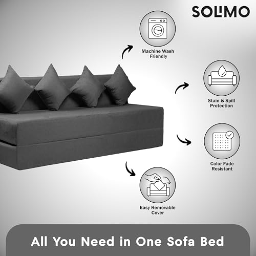 Image of Amazon Brand - Solimo 4 Seater 6 * 6 Jute Fabric Washable Cover Sofa Cum Bed with 4 Cushions 4 Seater Double Foam Fold Out Sofa Cum Bed (Finish Color - Grey Delivery Condition - Pre-Assembled)