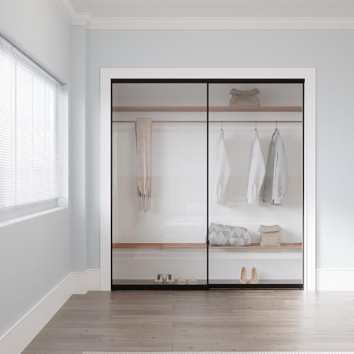 Image of Sliding Closet Doors 48 inch x 80 inch(Double 24.4 inch x 80 inch), 1-Panel Clear Glass Doors Aluminum Frame with Hardware Kit & Guide, Interior Door for Bedroom No Assembly Required, Black