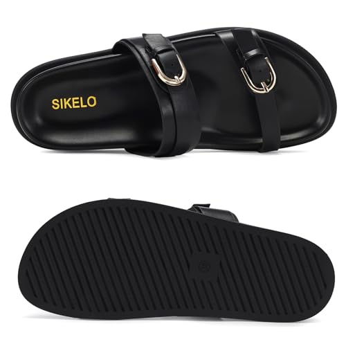 SIKELO Womens Flat Sandals Comfortable Wide Width Open Toe Slides with Adjustable Double Buckle Slip on Summer Beach Shoes4