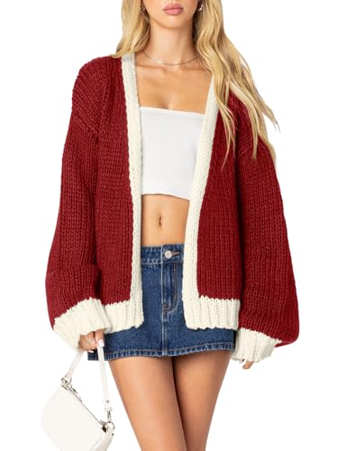 Image of Women's 2025 Fall Long Sleeve Cable Knit Sweater Color Block Open Front Cardigan Chunky Loose Outerwear Coats