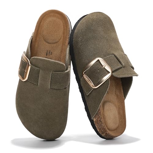 Image of Project Cloud 100% Genuine Leather Clogs for Women Shoes - Memory Foam Insole, Non-Slip & Natural Cork Footbed Arch Support Big Buckle Womens Clogs and Mules Footwear (Manchester)