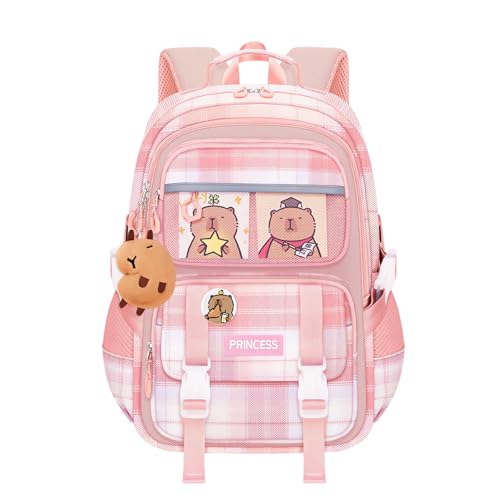 JIABAOZ Mochila Capibara Kawaii, Mochila Capibara Cartoon, Capybara Backpack con Pines y Colgante de Peluche, Mochilas Kawaii para Laptop Casual para Escuela y Viajes (Pink,Mediano)
