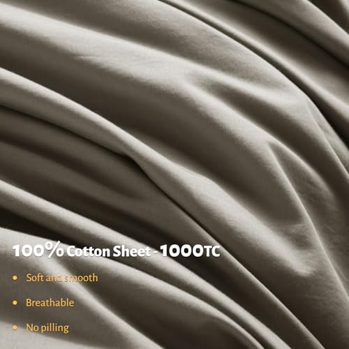 Shilucheng 100% Egyptian Cotton Queen Size Sheets Set - 1000 Thread Count,Luxury Cotton Bed Sheets,Breathable & Cooling Bedding and Pillow Cases, 16 Inch Deep Pocket - 4 Piece (Taupe, Queen)