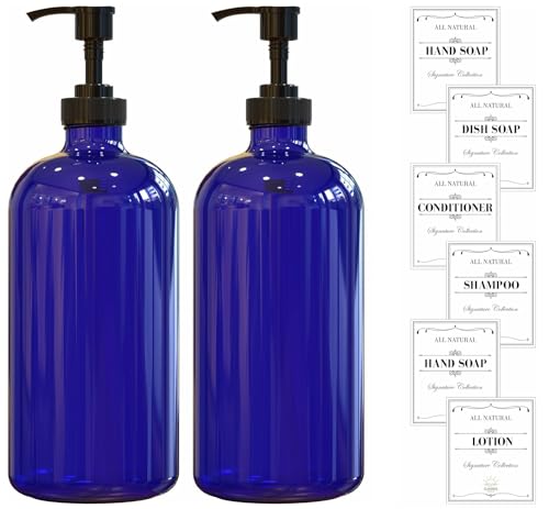 Image of Sunrise Premium 16 OZ Cobalt Blue Glass Soap Dispenser with Pump 2 Pack, Hand and Dish Soap Dispenser Set for Bathroom and Kitchen Sink with 6 Waterproof Labels