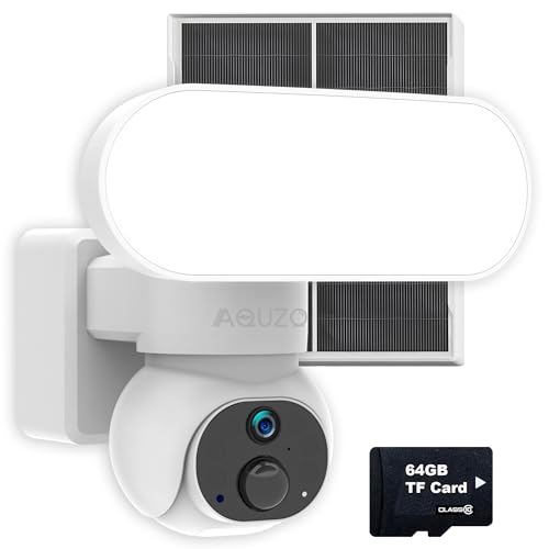 AQUZO Solar Floodlight Camera 2K, Motion Lights, 64GB SD