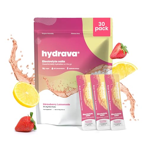 Hydrava Electrolyte Sachets | 30 Pack | Sugar Free Electrolytes with Sodium Magnesium Vitamin C & More | Rehydration Powder with All Natural Flavours and Zero Sugar | Strawberry Lemonade