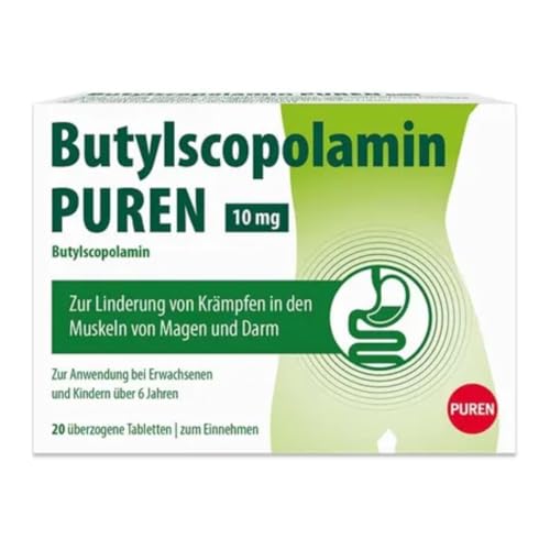 Butylscopolamin PUREN 10 mg 20 überzogene Tabletten bei Bauchkrämpfen - krampflösender Wirkstoff schnelle Wirkung gezielte Entspannung für Magen & Darm ab 6 Jahren