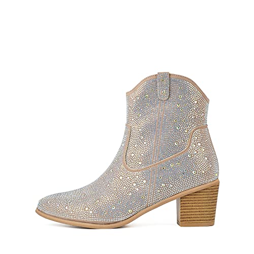 keleimusi Women Western Cowgirl Rhinestone Ankle Boots Pointed Toe Glitter Chunky Heel Sparkly Shoes - Main Image
