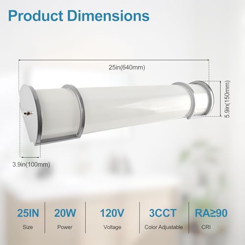 Image of Lightdot LED 25 Inch Flush Mount Vanity Lighting Fixture, 20W 2125LM 3000 /4000 /5000K 120V | 3CCT Dimmable Farmhouse Bathroom Light Bar, Waterproof Linear Wall Light Bar, Long Tube Bath Sconce-Silver