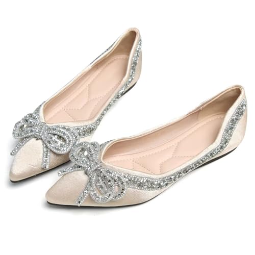 Women's Slip on Flats,Fashion Classic Pointed Toe Solid Pearl Bow Women's Flats, Gentle Shallow Rhinestone Satin Upper Soft Comfortable Flat Shoes2