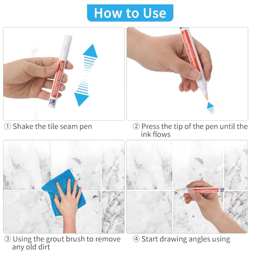 6 Tiles Grout Pen, Fugenstift Weiß, Wasserdichter Und Feuchtigkeitsbeständiger Fugenstift, Wandmörtel Reparatur Stift Mit Stiftspitze und 1 Reinigungsbürste für Badezimmer, Küche, Veranda, Terrasse