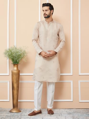 Image of See Designs Men's Long Sleeve Mandarin Collar Side Slit Off-White Embroidered Chanderi Silk Straight Kurta