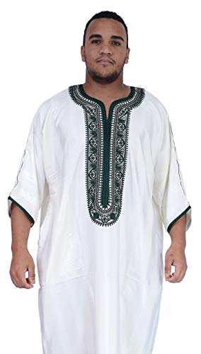 Moroccan Men Kaftan Handmade Thobe Long Gown White With Delicate Green Embroidery3