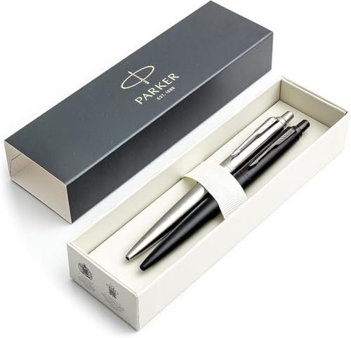 Parker Jotter XL - Juego de bolígrafos monocromáticos de acero inoxidable y negro monocromático, punta media, tinta azul, caja de regalo