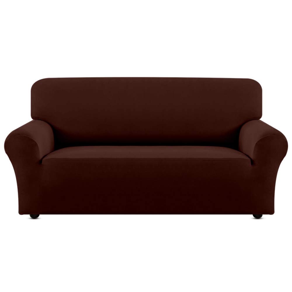 Housse de canapé extensible 3 places café | Protection élastique unie pour salon
