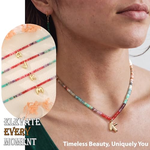 Beaded Initial Necklaces for Women Teen Girl Gifts Trendy Stuff Colorful Gemstone Choker Necklace with Bubble A-Z Stocking Stuffers for Teens Christmas Gifts for Her Birthday Summer Beach Jewelry for Daughter Sister Friend