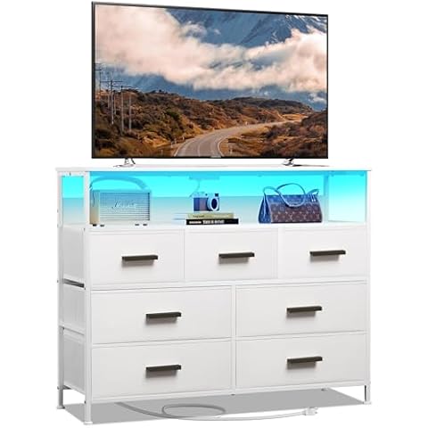 NASHZEN Dresser TV Stand, 7 Drawer Bedroom Dresser with Power Outlets & LED Lights, Wide Fabric Dresser with Open Shelf, for TV Up to 45’’, White Cover