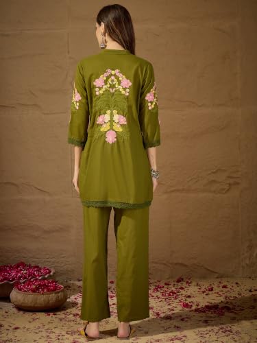 Image of Truvon Fashions Stylish Women's Co-Ord Kurta with Pant Sets - Cotton Floral Kurti Pant Set for Womens